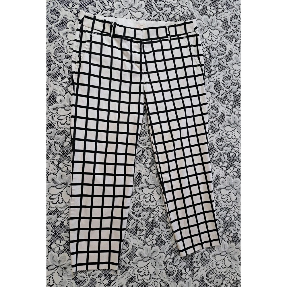 J.Crew Ankle Pants 10 Ivory Black Windowpane Flat Front Pockets Stretch Preppy - Picture 8 of 12